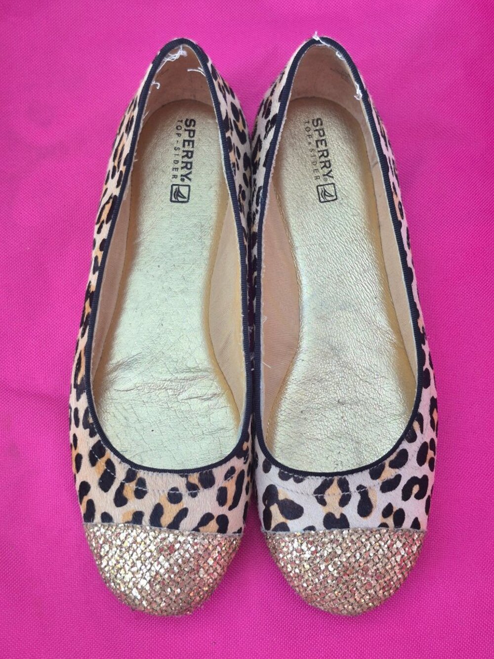 SPERRY Top-Sider Womens Leopard Calf Hair Gold Glitter Cap Toe Ballet Flats 8M